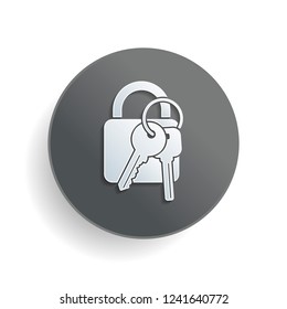 lock with keys icon. White paper symbol on gray round button with shadow