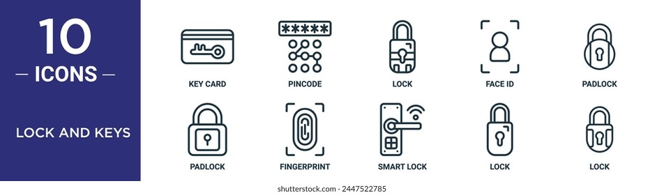 lock and keys outline icon set includes thin line key card, pincode, lock, face id, padlock, padlock, fingerprint icons for report, presentation, diagram, web design