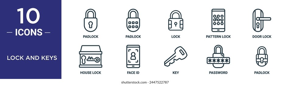 el conjunto de íconos de contorno de candado y llaves incluye candado de línea fina, candado, candado, candado, bloqueo de patrón, iconos de identificación de cara de casa de puerta para informe, presentación, diagrama, Diseño web