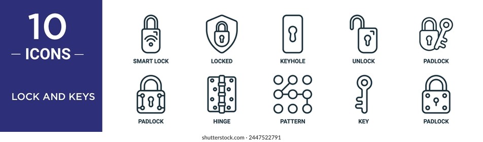el conjunto de iconos de contorno de candado y llaves incluye candado inteligente de línea fina, bloqueado, ojo de cerradura, desbloqueo, candado, candado, iconos de bisagra para informe, presentación, diagrama, Diseño web
