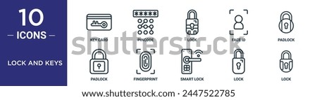 lock and keys outline icon set includes thin line key card, pincode, lock, face id, padlock, padlock, fingerprint icons for report, presentation, diagram, web design