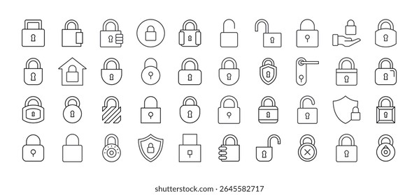 Lock Line Icon Collection. Door and Padlock Outline Signs for Graphic and Web Design, Apps, Adverts, Various Cards 