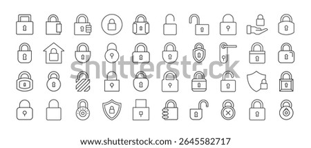 Lock Line Icon Collection. Door and Padlock Outline Signs for Graphic and Web Design, Apps, Adverts, Various Cards 