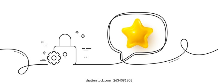 Lock line icon. Continuous line with 3d star. Padlock cogwheel sign. Security settings symbol. 3d star in speech bubble. Lock single line ribbon. Loop curve pattern. Vector
