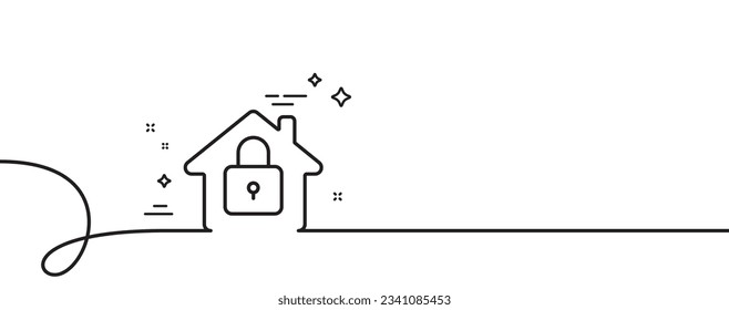 Lock line icon. Continuous one line with curl. Home protection sign. House padlock symbol. Lock single outline ribbon. Loop curve pattern. Vector