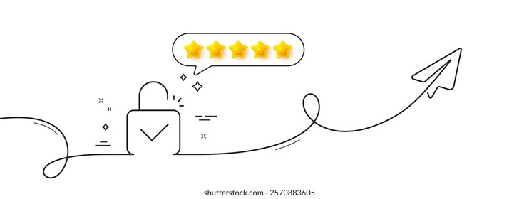 Lock line icon. Continuous line with share plane. Padlock approved sign. Security access symbol. Five star rate review in speech bubble. Lock single line ribbon. Loop curve pattern. Vector