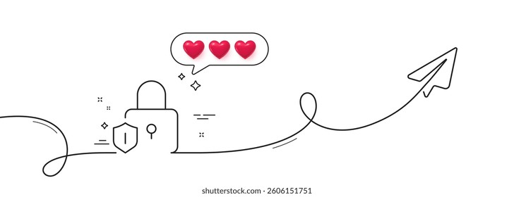 Lock line icon. Continuous line with share plane. Padlock protection sign. Security access shield. Hearts rate review in speech bubble. Lock single line ribbon. Loop curve pattern. Vector