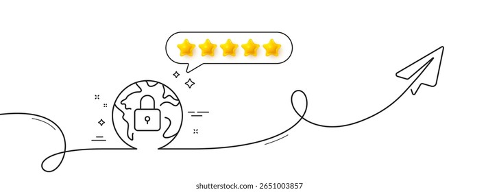 Lock line icon. Continuous line with share plane. Internet protection sign. Web security padlock symbol. Five star rate review in speech bubble. Lock single line ribbon. Loop curve pattern. Vector
