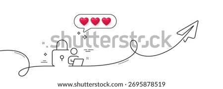 Lock line icon. Continuous line with share plane. Security access sign. Online padlock symbol. Hearts rate review in speech bubble. Lock single line ribbon. Loop curve pattern. Vector