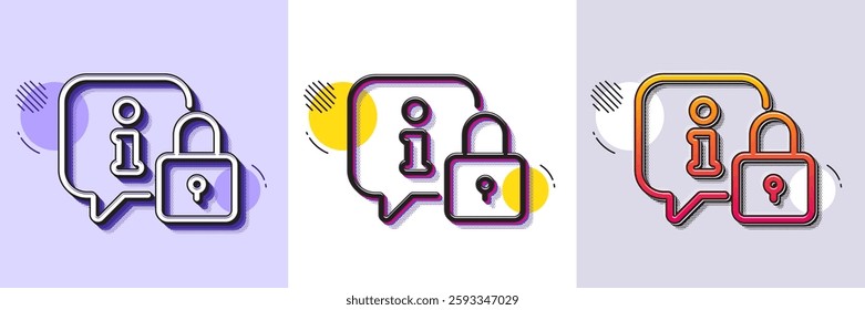 Lock line icon. Halftone dotted pattern. Gradient icon with grain shadow. Protected information sign. Padlock with info speech bubble. Line lock icon. Various designs. Vector