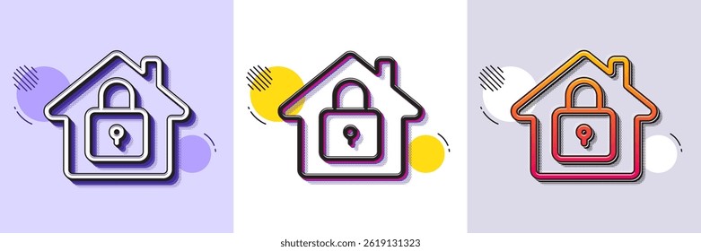 Icono de línea de bloqueo. Patrón punteado de semitono. Icono de degradado con sombra de grano. Letrero de protección del hogar. Símbolo del candado de la casa. Icono de bloqueo de línea. Varios diseños. Vector