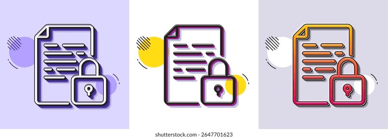 Icono de línea de bloqueo. Patrón punteado de semitono. Icono de degradado con sombra de grano. Signo de documento protegido. Símbolo de archivo de candado. Icono de bloqueo de línea. Varios diseños. Vector