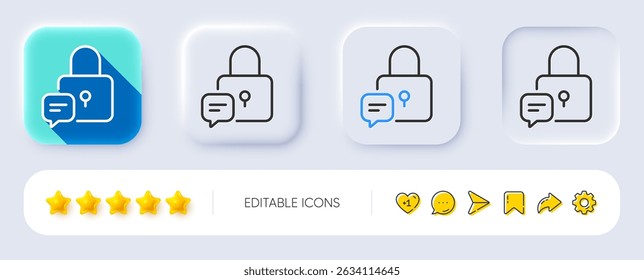 Ícone de linha de bloqueio. Neumórfico, sombra plana, botões 3d. Cadeado com sinal de bolha de chat. Símbolo de proteção de mensagem. Ícone de cadeado de linha. Ícones de mídia social. Vetor