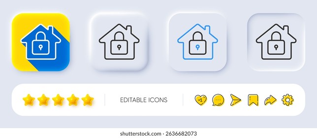 Lock line icon. Neumorphic, Flat shadow, 3d buttons. Home protection sign. House padlock symbol. Line lock icon. Social media icons. Vector