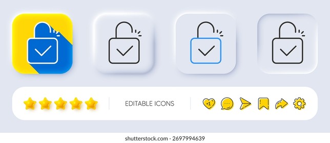 Lock line icon. Neumorphic, Flat shadow, 3d buttons. Padlock approved sign. Security access symbol. Line lock icon. Social media icons. Vector