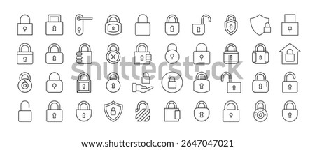 Lock Line Icon Pack. Door and Padlock Outline Signs for Graphic and Web Design, Apps, Adverts, Various Cards 