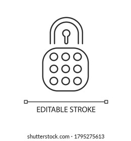 Bloquear icono lineal. Privacidad de Internet. Cifrado por seguridad. Padlock para la seguridad del apartamento. Ilustración personalizable de línea delgada. Símbolo de contorno. Dibujo de contorno aislado del vector. Trazo editable