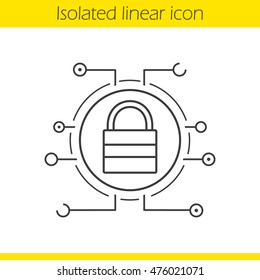 Lock linear icon. Thin line illustration. Digital access. Closed padlock in microchip pathways contour symbol. Cyber security. Vector isolated outline drawing