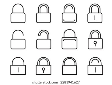 Lock login password ouline icon set isolated on white background. Locked unlocked security access sign symbol UI collection