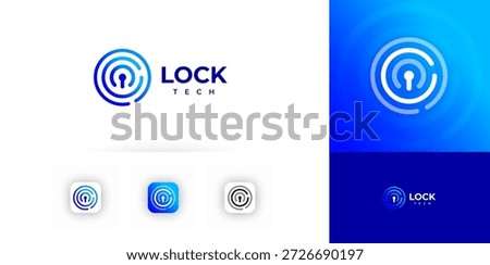 Lock Logo Icon Cyber Security Data Information Technology, Key Fingerprint Protect System, Finger Print Access, Unique Keyhole, Digital Padlock, Network Safe, Line Sign Identity. Vector Illustration