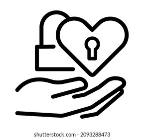 Lock of love in hands icon. Flat heart pictogram for web. Line stroke. Simple hands symbol isolated on white background. Outline icon vector eps10
