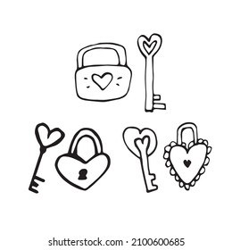 Lock of love with key. Vector romantic illustration. Wedding day. 