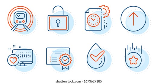 Lock, Loyalty star and Swipe up signs. Dermatologically tested, Metro subway and Project deadline line icons set. Heart, Certificate symbols. Organic, Underground. Technology set. Vector