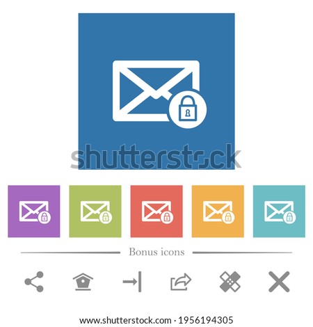 Lock mail flat white icons in square backgrounds. 6 bonus icons included.