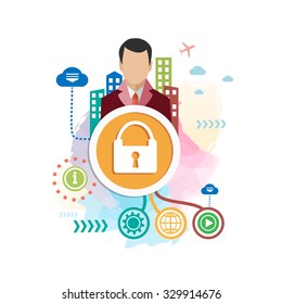 Lock and man on abstract colorful background with different icon and elements. Lock flat design