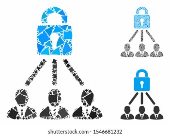 Lock managers mosaic of joggly elements in various sizes and shades, based on lock managers icon. Vector joggly pieces are grouped into mosaic. Lock managers icons collage with dotted pattern.