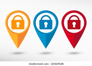 Lock map pointer, vector illustration. Flat design style 