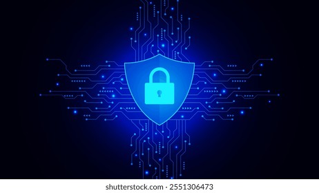 Marca de bloqueo con candado digital, escudo y placa de circuito futurista. Concepto de seguridad cibernética, seguridad en Internet y protección de datos personales. Ilustración vectorial