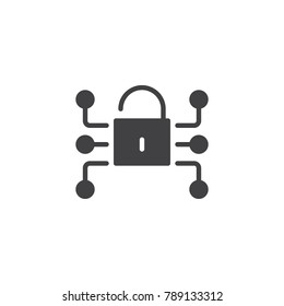 Lock media network data protection icon vector, filled flat sign, solid pictogram isolated on white. Cryptography, Cyber security symbol, logo illustration.