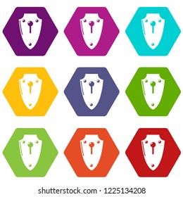 Lock medieval icons 9 set coloful isolated on white for web