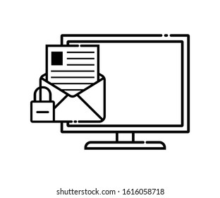 Lock message icon on the laptop. The message icon is locked marked with a lock