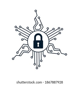 Lock and microcircuit. Cybersecurity concept. Vector icon isolated on white background.