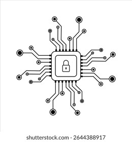 Trava e microcircuito. Conceito de cibersegurança. Ícone de vetor isolado no fundo branco.
