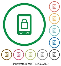 Lock mobile flat color icons in round outlines on white background
