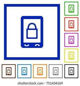 Lock mobile flat color icons in square frames on white background