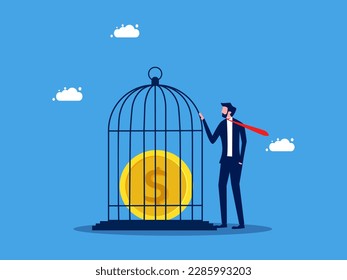 Lock up money or control money. Businessman locking coin in a birdcage. concept of finance and investment