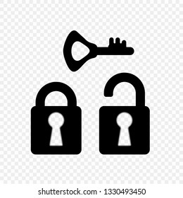 Lock monochrome simple, open and closed with key, icon. Elements on an isolated transparent background.