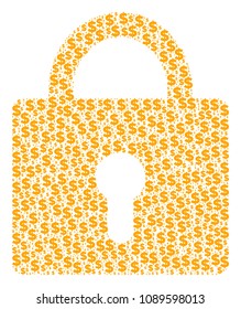 Lock mosaic of dollar symbols and sphere points. Vector dollar currency symbols are united into lock illustration.