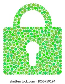 Lock mosaic of filled circles in various sizes and fresh green color tinges. Vector round elements are composed into lock illustration. Organic design concept.