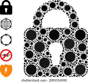 Lock mosaic icon. Vector collage made of scattered Covid-2019 icons. Covid-2019 collage lock icon, and other icons. Lock collage for breakout images.