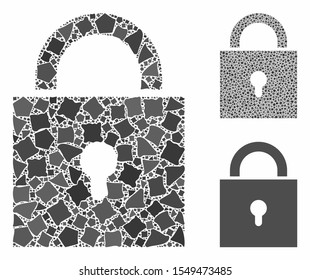 Lock mosaic of inequal elements in different sizes and shades, based on lock icon. Vector inequal pieces are organized into mosaic. Lock icons collage with dotted pattern.