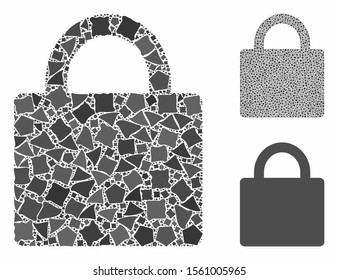 Lock mosaic of inequal items in various sizes and color tints, based on lock icon. Vector tuberous dots are organized into mosaic. Lock icons collage with dotted pattern.