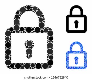 Lock mosaic of small circles in variable sizes and color tints, based on lock icon. Vector small circles are combined into blue mosaic. Dotted lock icon in usual and blue versions.