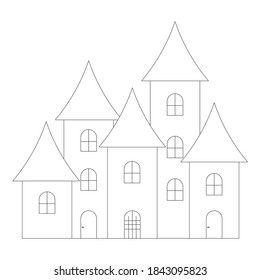 Lock. An old mansion. Vector illustration. Outline on an isolated white background. Doodle style. Coloring book for children. Sketch. Halloween. Mysterious house. An ancient building with towers.