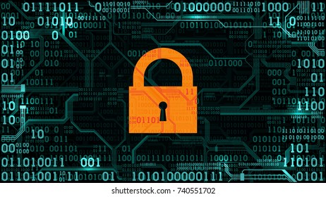 Lock on the background abstract futuristic electronic circuit board with binary code, computer digital technology, frame, well organized layers