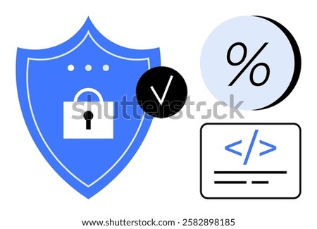 Lock on blue shield, checkmark in circle, percentage symbol, HTML code in browser window. Ideal for cybersecurity presentations, coding tutorials, tech plans, web development courses, data protection